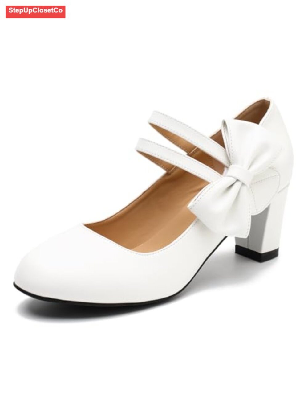 Women's Mary Jane Heels with Bow Low Heels Closed Chunky Block Double Ankle